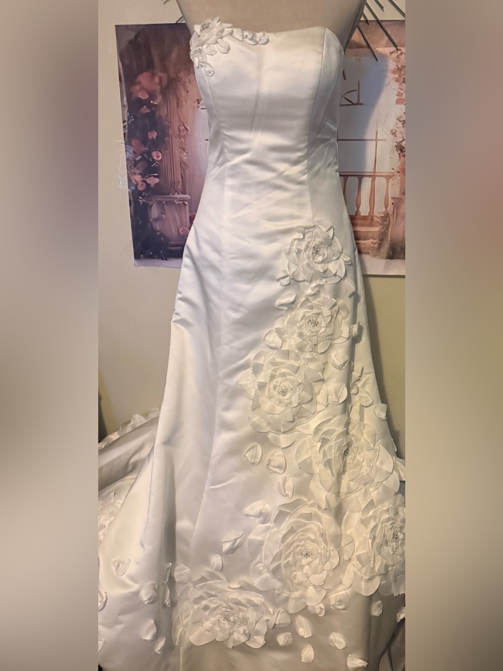 Strapless Soft White Satin A-Line Wedding Dress with 3D Floral Appliqué